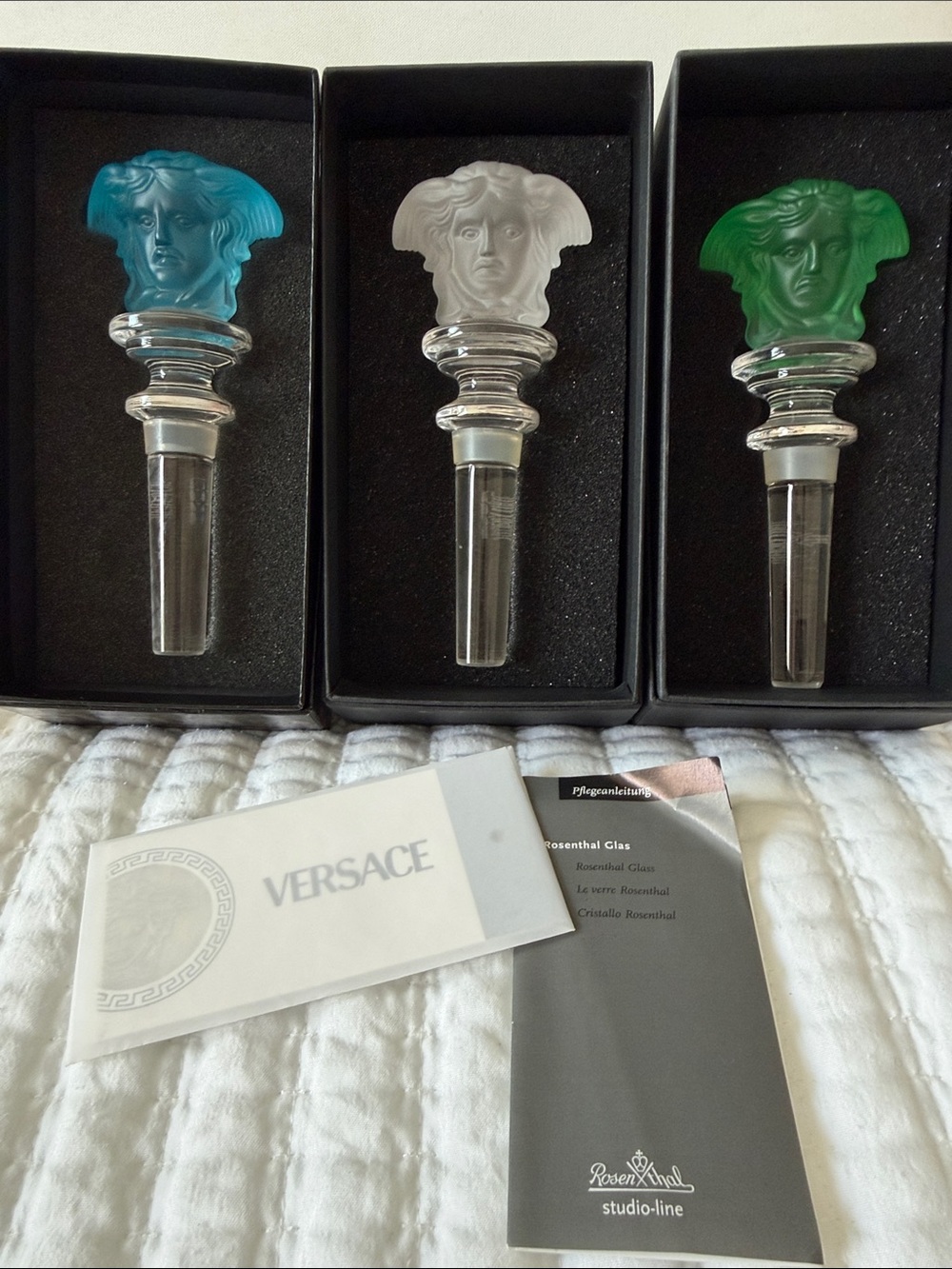 Versace (set of 3) Medusa Glass Bottle Stoppers in Blue, Clear, Green